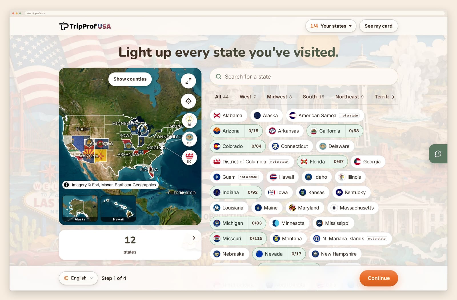 The usa.tripprof.com states screen with the Four Corners states and a few others tapped in as visited