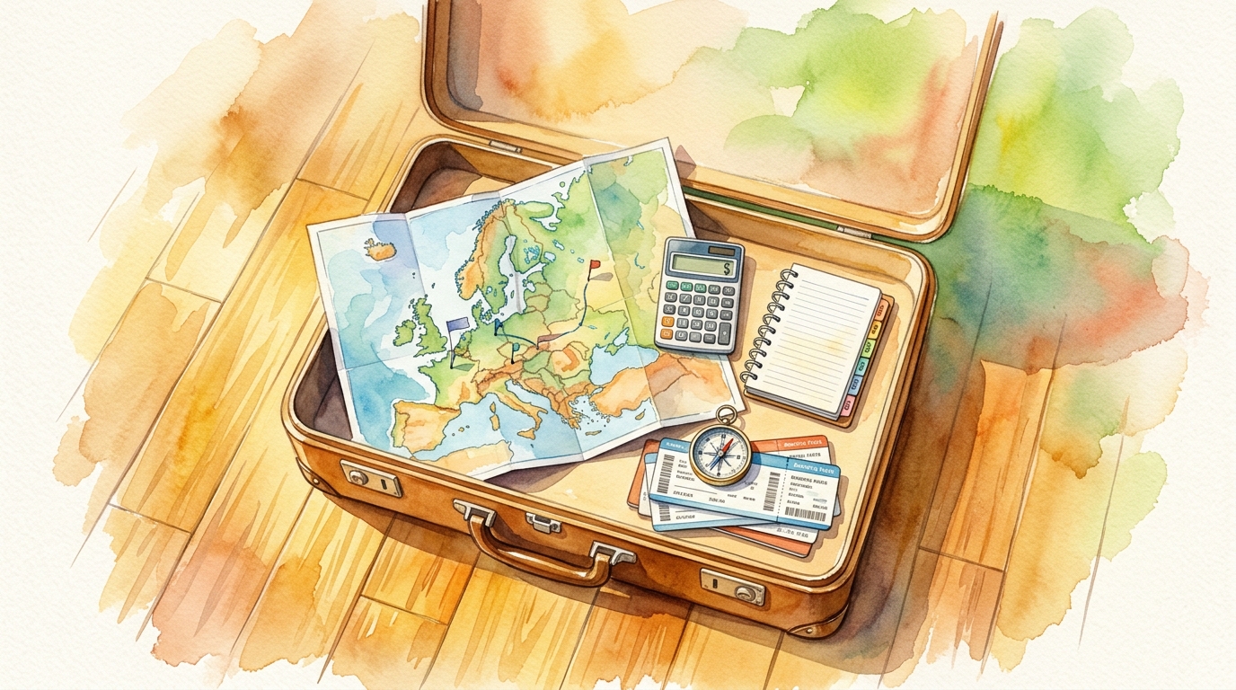 Aquarell-Illustration eines großen offenen Koffers von oben, umgestaltet zu einer Reise-Kommandozentrale im Miniaturformat