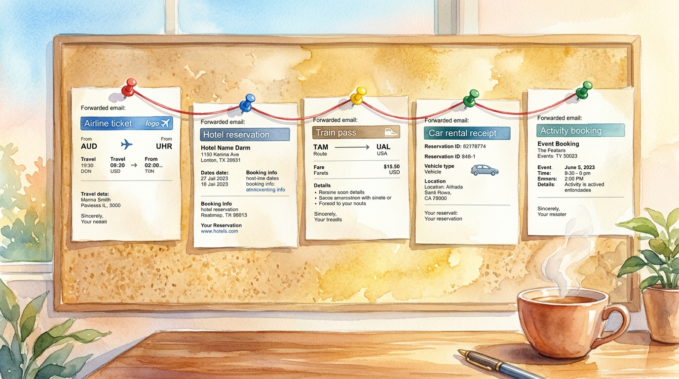 Aquarell-Illustration einer ordentlichen Reihe weitergeleiteter E-Mail-Ausdrucke an einer Korkwand mit bunten Reißzwecken, jeder Ausdruck zeigt eine andere Buchungsbestätigung