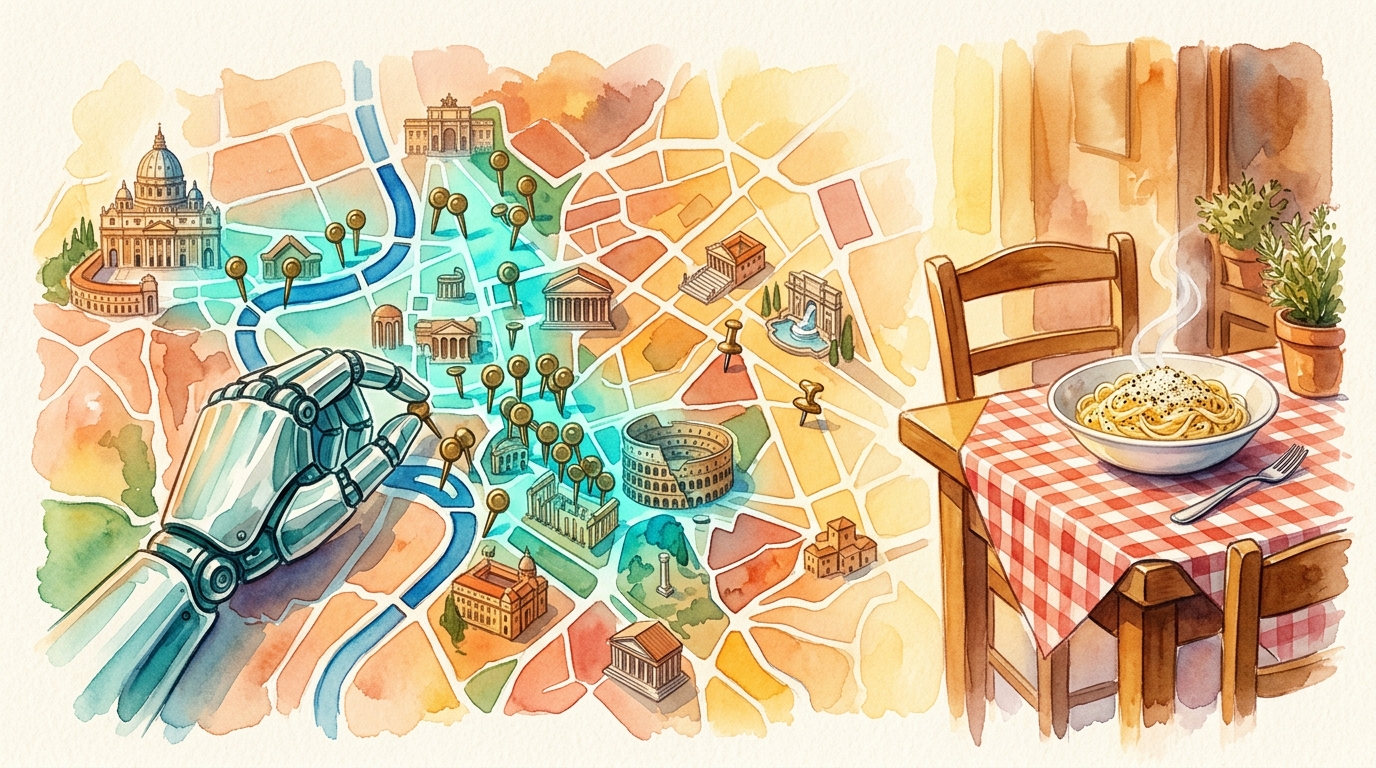 Aquarell-Illustration eines polierten Chrom-Roboterarms, der identische Reiseführer-Pins auf eine Aquarellkarte von Rom setzt – jeder Pin landet auf demselben Ort