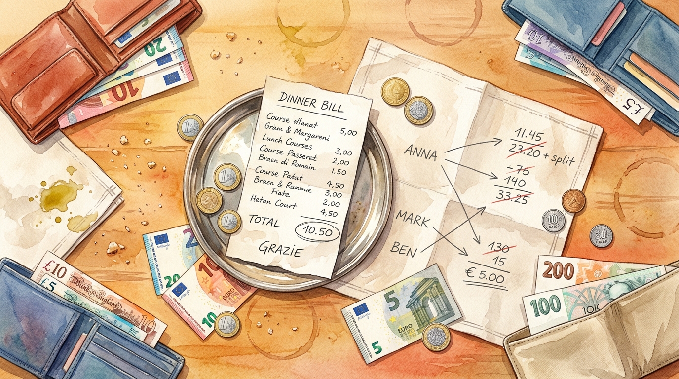 Aquarell-Illustration eines Restauranttischs in Rom nach dem Abendessen: eine handgeschriebene Rechnung auf einem kleinen Silbertablett, umgeben von verstreuten Münzen und Banknoten