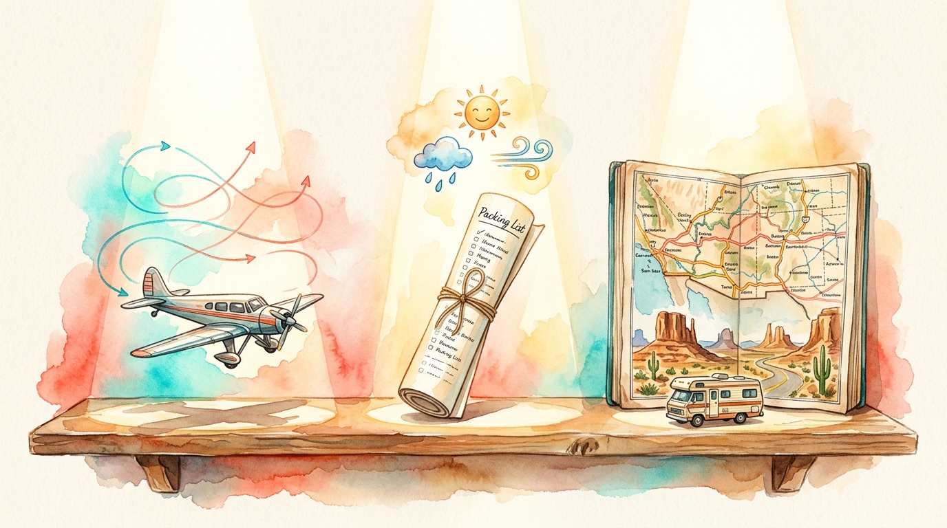 Aquarell-Illustration von drei verschiedenen Gegenständen auf einem alten Holzregal, jeder einzeln von warmem Licht angestrahlt: ein wunderschöner Reiseplaner