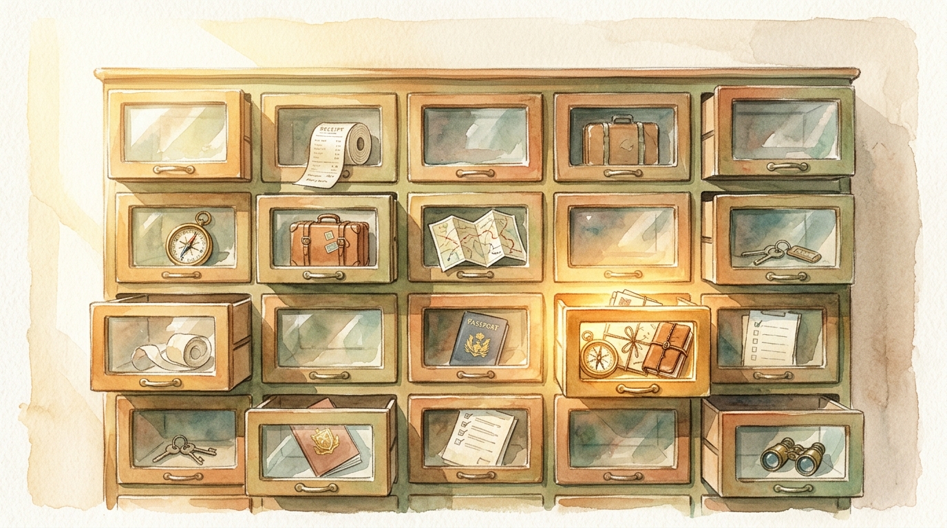 Aquarell-Illustration eines großen Vintage-Apothekerschranks mit zwanzig kleinen Glasschubladen in einem Raster angeordnet