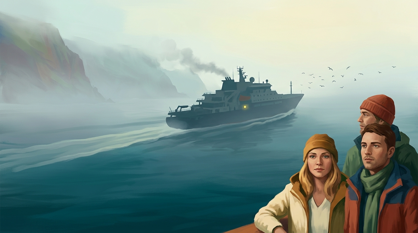 Aquarell-Illustration eines Expeditionsschiffs der Polarklasse, das der MV Hondius im Profil ähnelt, gemalt als Silhouette, die durch kalte mittlere Breiten fährt