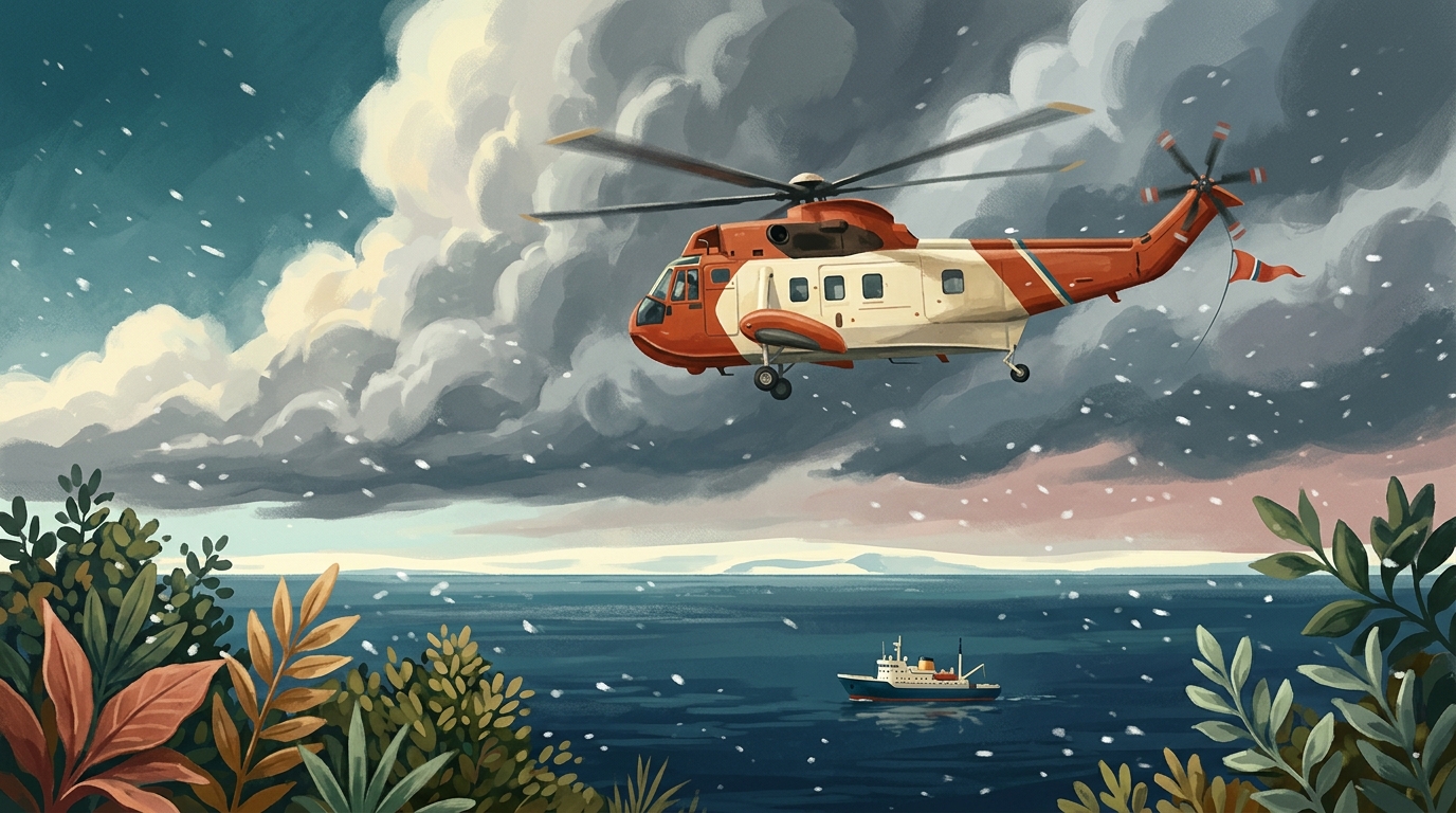 Aquarell-Illustration eines orange-weißen Such- und Rettungshubschraubers mit großer Reichweite, der vor einem weiten, stürmischen Polarhimmel schwebt und neben hohen Eisbergen winzig wirkt