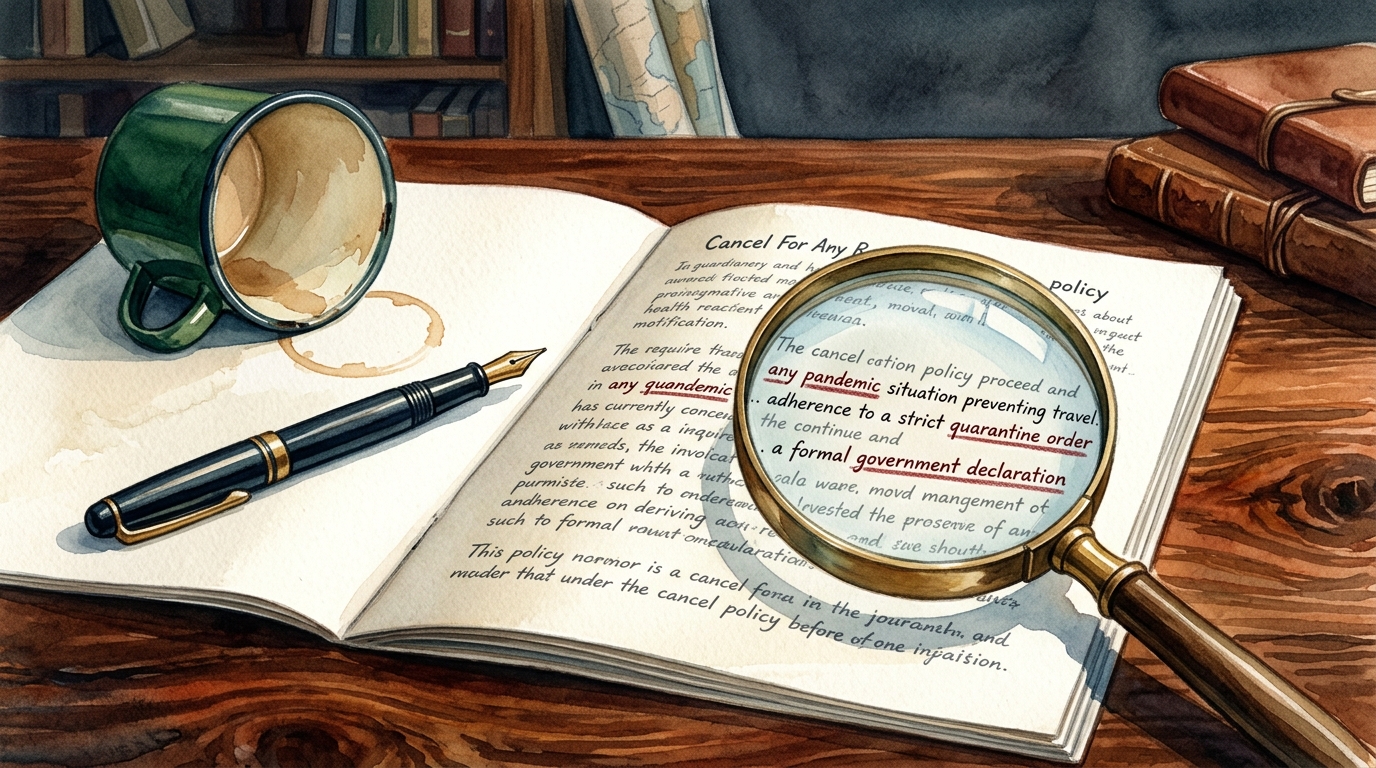 Aquarell-Illustration einer aufgeschlagenen Cancel-For-Any-Reason-Polizenbroschüre auf einem dunklen Walnuss-Schreibtisch, daneben eine Lupe mit Messinggriff