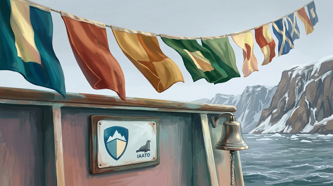 Aquarell-Illustration einer Reihe maritimer Signalflaggen, die entlang der oberen Reling eines Brückenflügels eines Polar-Expeditionsschiffs hängen und in einer kalten Brise wehen