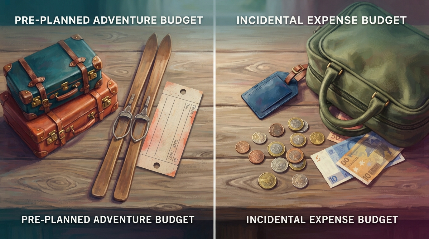 Editorial illustration of Overhead flat-lay comparing two travel budgets on a weathered oak table: on one side, two miniature stacked suitcases an