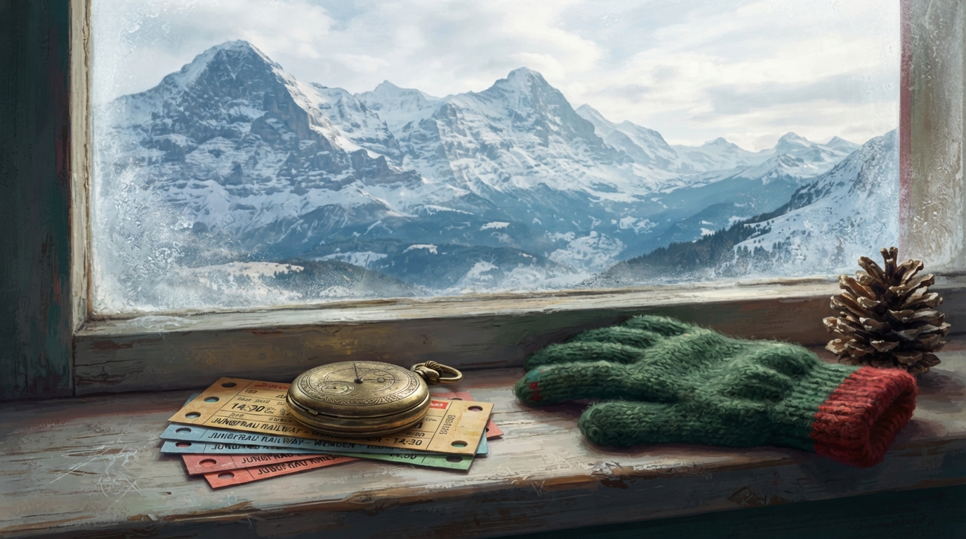 Editorial illustration of A brass pocket watch resting on a small stack of punched alpine train ticket stubs, beside a single knit winter glove an