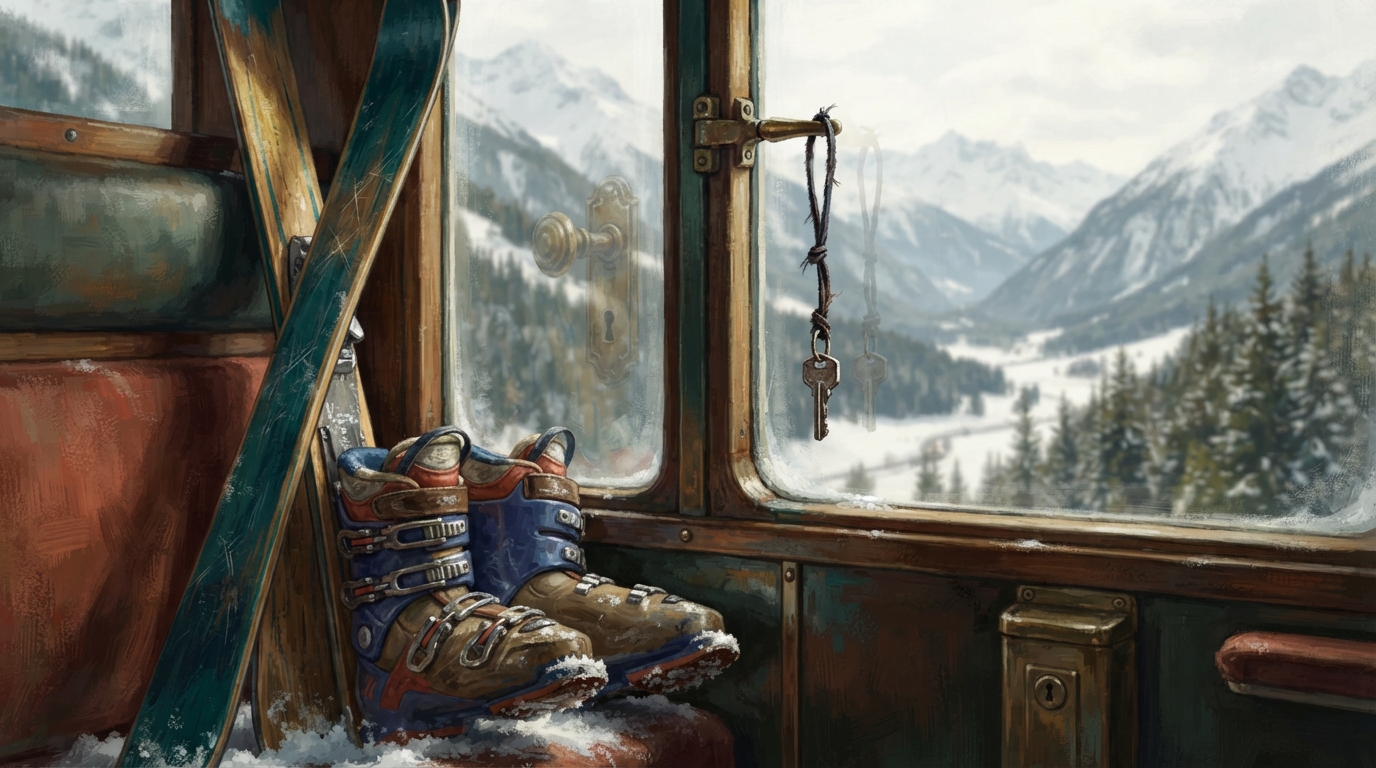 Editorial illustration of A pair of skis and ski boots leaning against a train carriage window, snow dusting the boot soles, with a small alpine c, representing is the eurostar ski train worth it