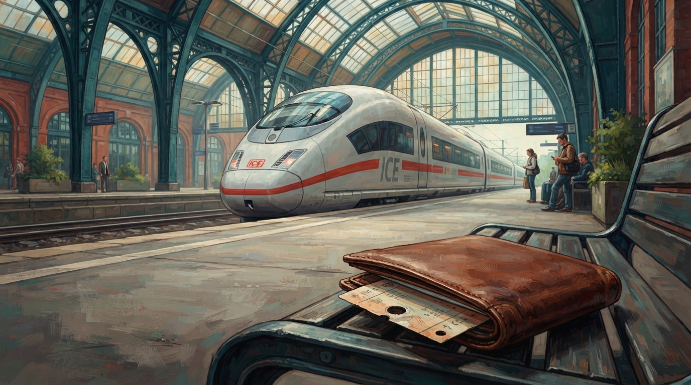 Editorial illustration of A sleek white and red German ICE train idles at a quiet platform under a vaulted glass-and-steel station roof, its nose 