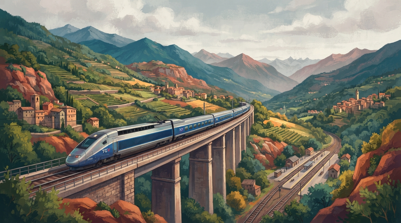 Editorial illustration of A silver and blue high-speed TGV train speeds along an elevated viaduct through rolling Alpine foothills toward the Ital