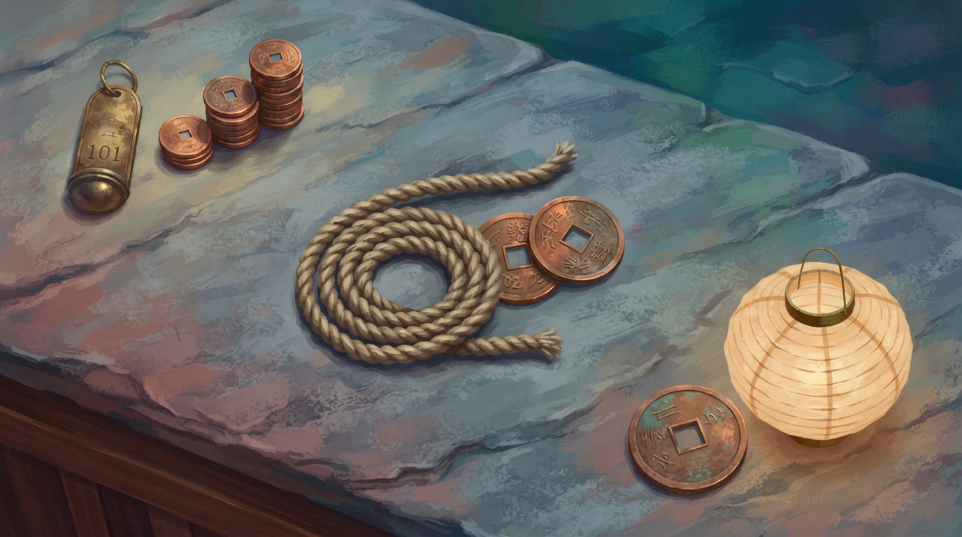 Editorial illustration of Overhead flat-lay on a weathered slate counter: a small brass hotel key fob beside three copper coins stacked in ascendi