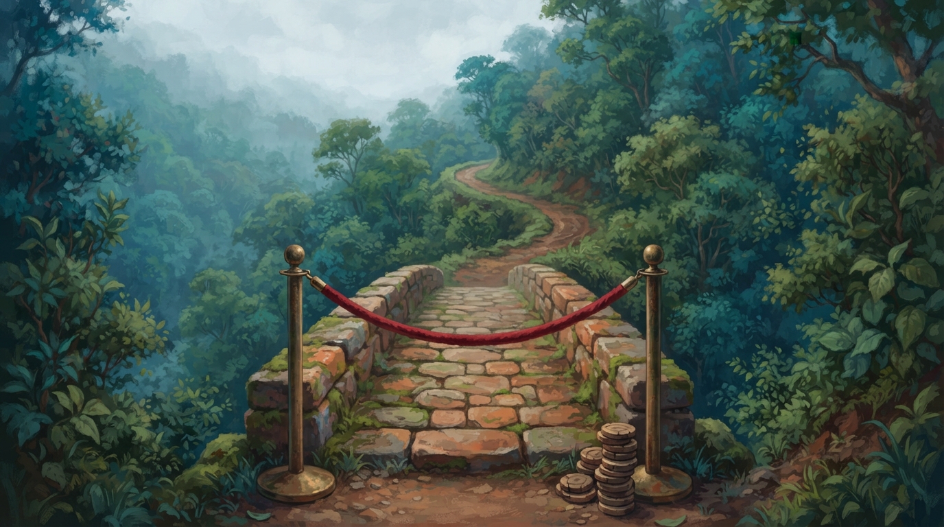 Editorial illustration of A weathered stone footbridge over misty green terraces, blocked by a red velvet rope strung between two brass stanchions