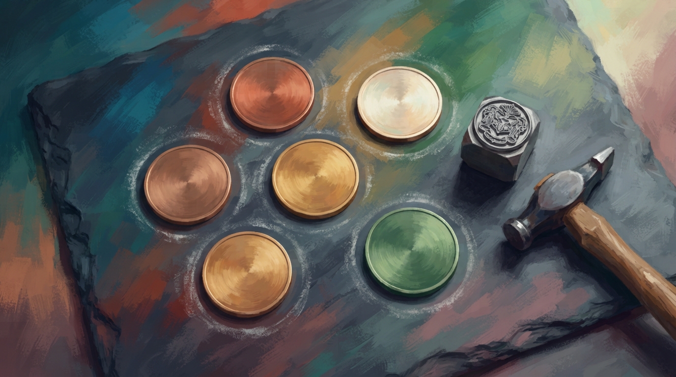 Editorial illustration of Overhead flat-lay of six blank bronze coin blanks scattered loosely across a dark slate surface, each disc smooth and co