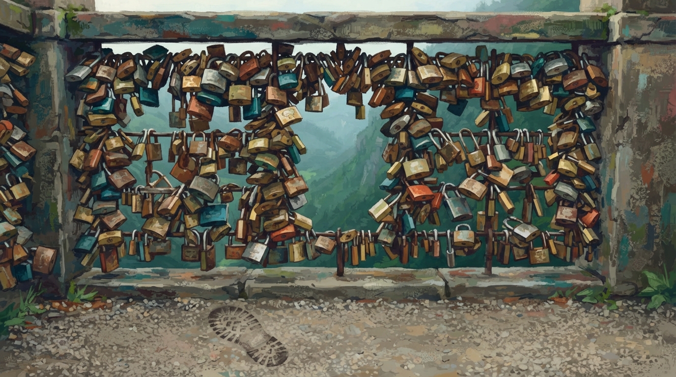 Editorial illustration of A stone scenic overlook railing completely covered edge-to-edge with hundreds of small weathered padlocks in mismatched 