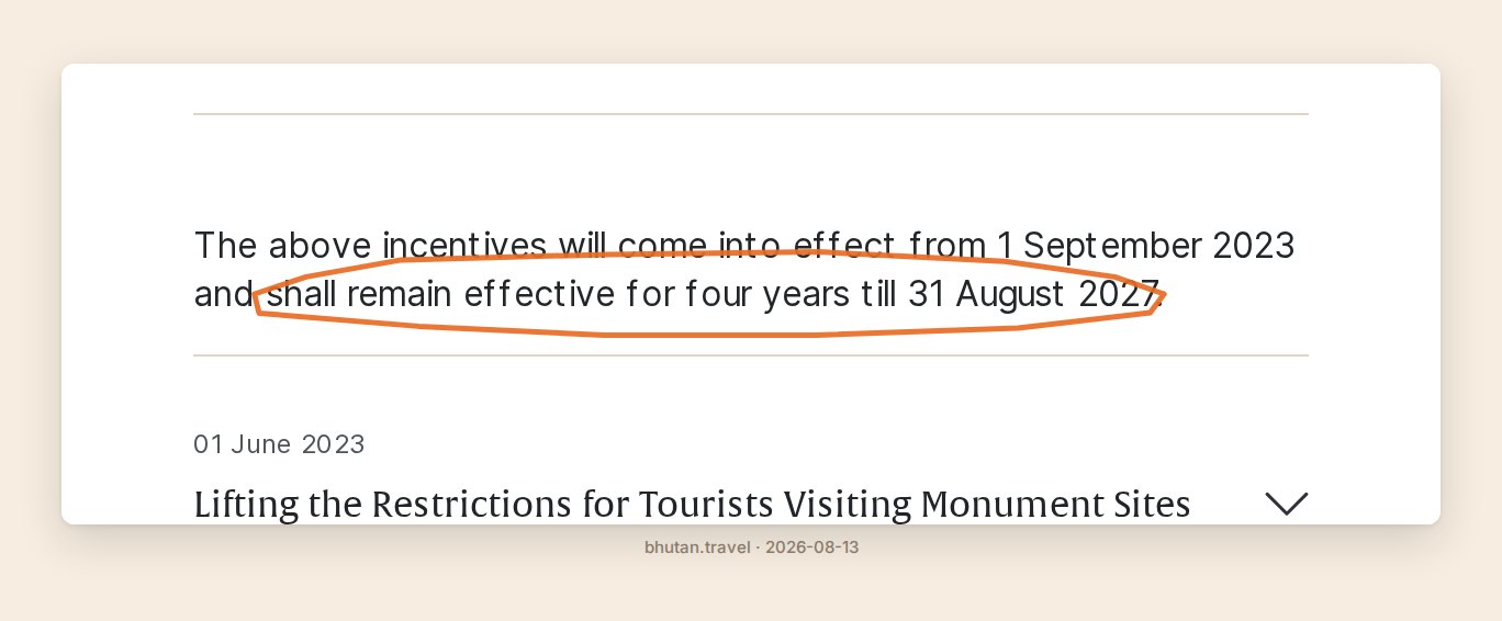 Tourism Council of Bhutan's official announcement confirming the discounted Sustainable Development Fee expires August 31, 2027