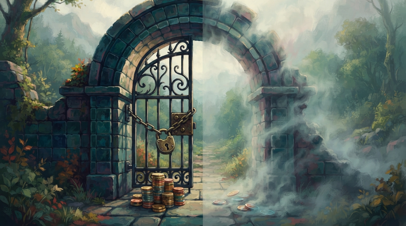 Editorial illustration of A weathered stone archway split cleanly down the middle, representing where not to travel in 2027