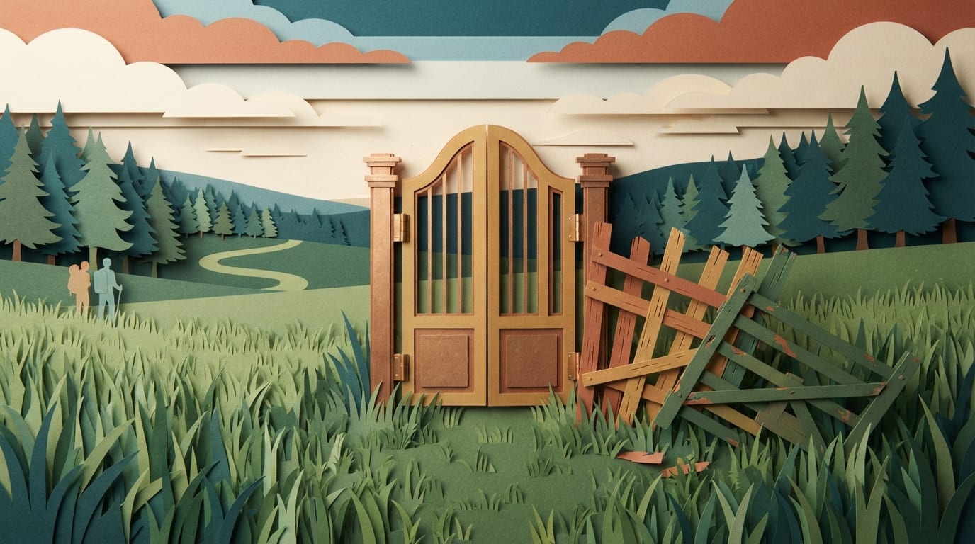 A closed brass gate standing alone in a field beside a row of flimsy imitation gates
