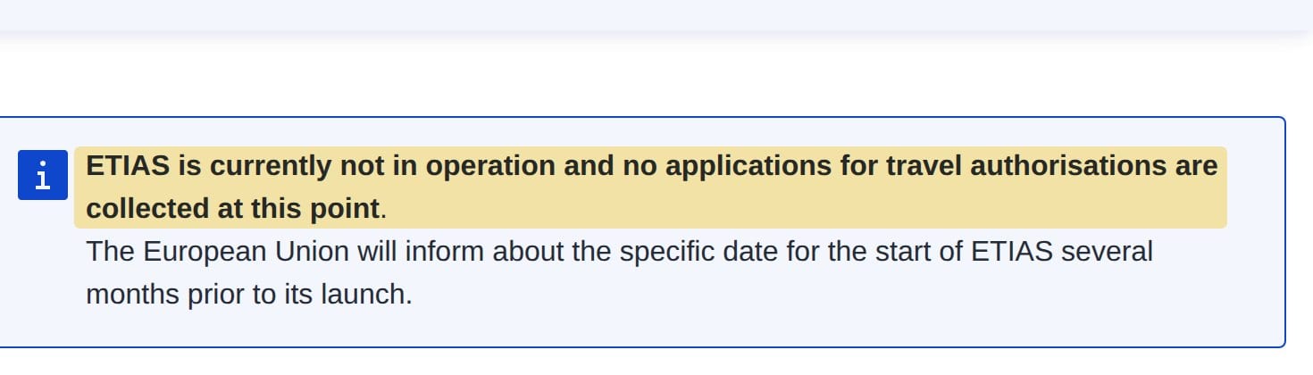 The official EU ETIAS page stating the system is not currently in operation