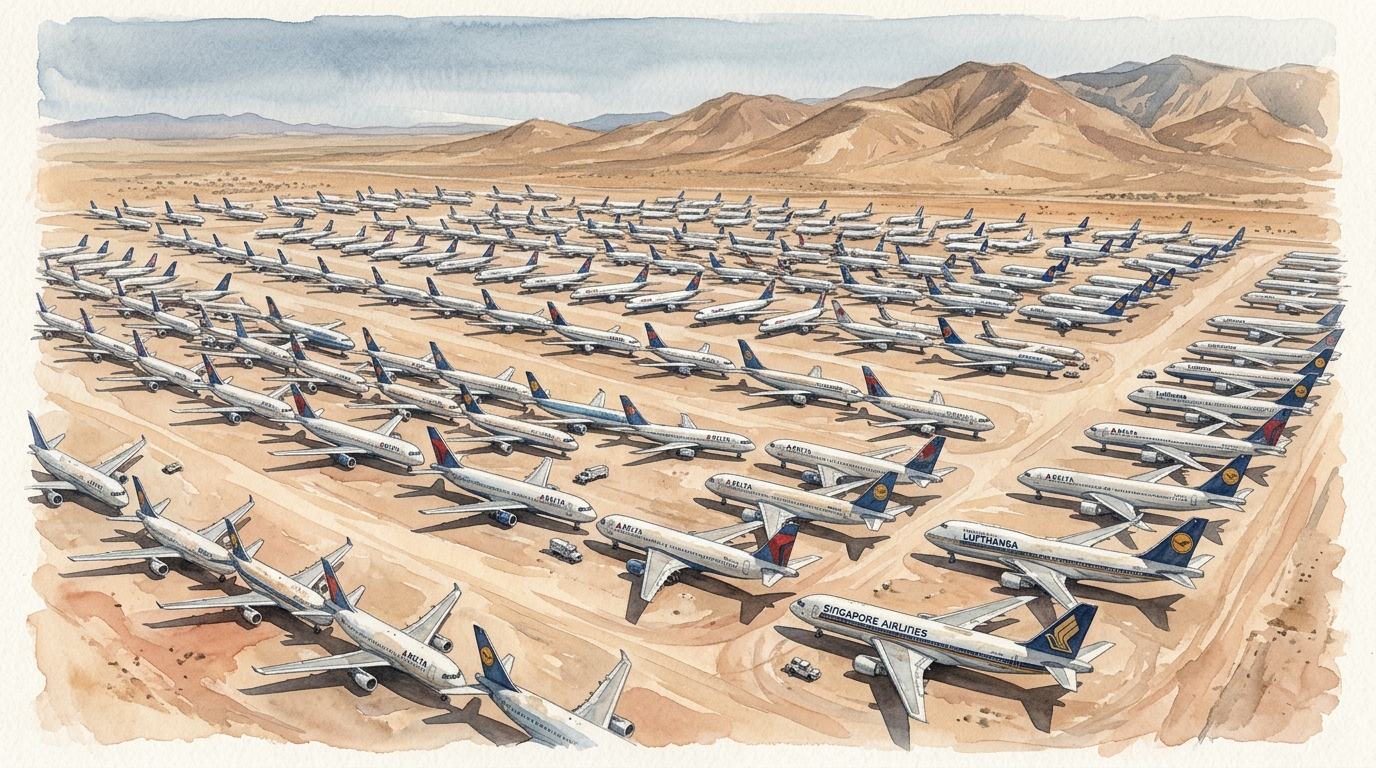 Aquarellillustration einer Vogelperspektive auf ein riesiges Flugzeug-Abstellfeld in einer trockenen Wüstenlandschaft