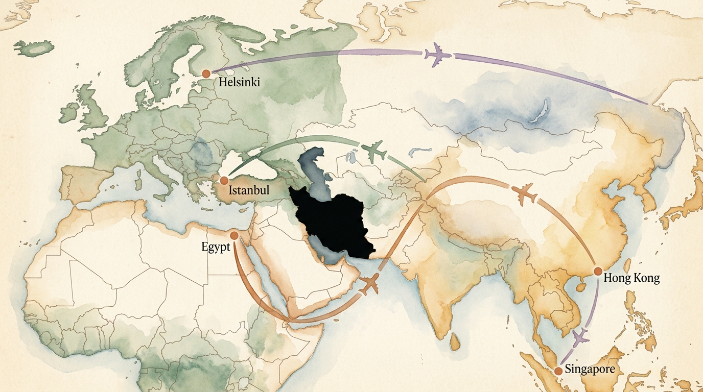 Aquarellillustration einer illustrierten Karte auf gealtertem Papier, die Europa und Asien mit geschwungenen Flugroutenbögen verbindet