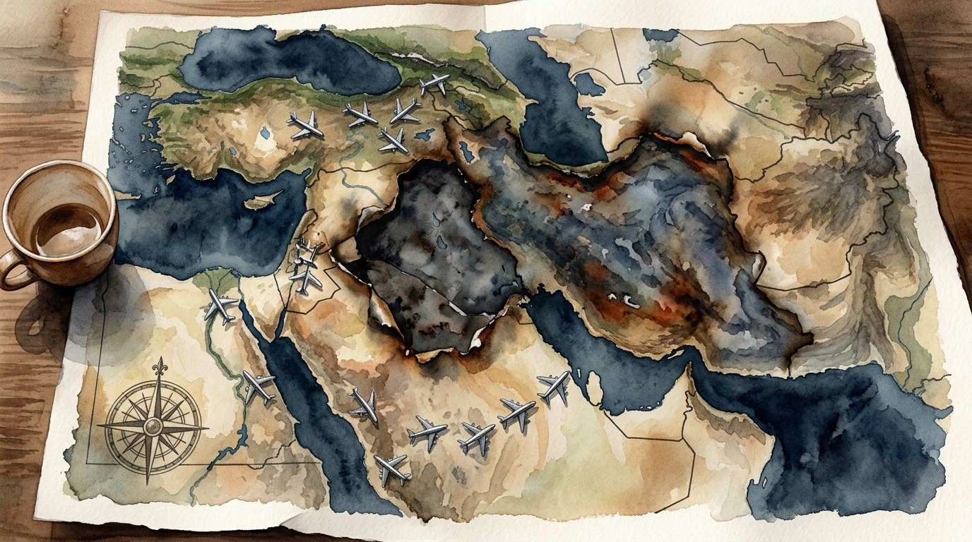 Watercolor illustration of a large vintage-style map of the Middle East and Persian Gulf region spread across a desk, representing middle east airspace closure flight alternatives