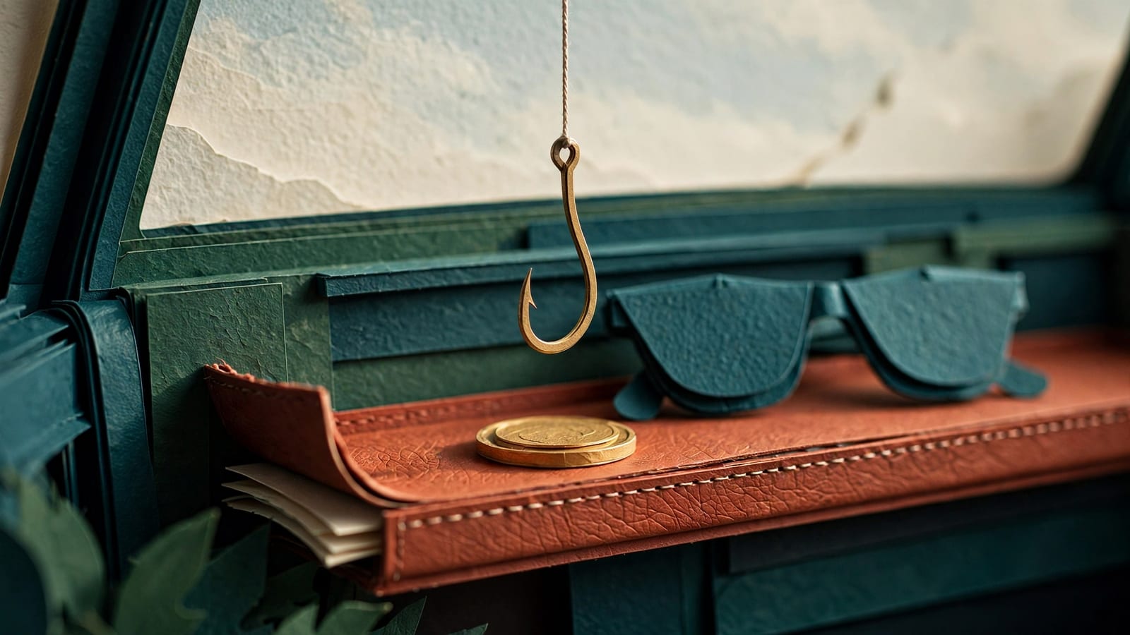 A brass hook poised just above a single coin on a car's dashboard shelf