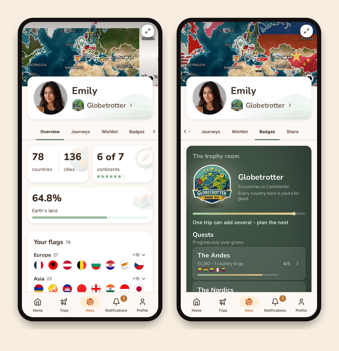 Two TripProf Atlas screens side by side: the overview with 78 countries, 136 cities, 6 of 7 continents and 64.8% of Earth's land, and the Badges trophy room showing the Globetrotter rank and active quests