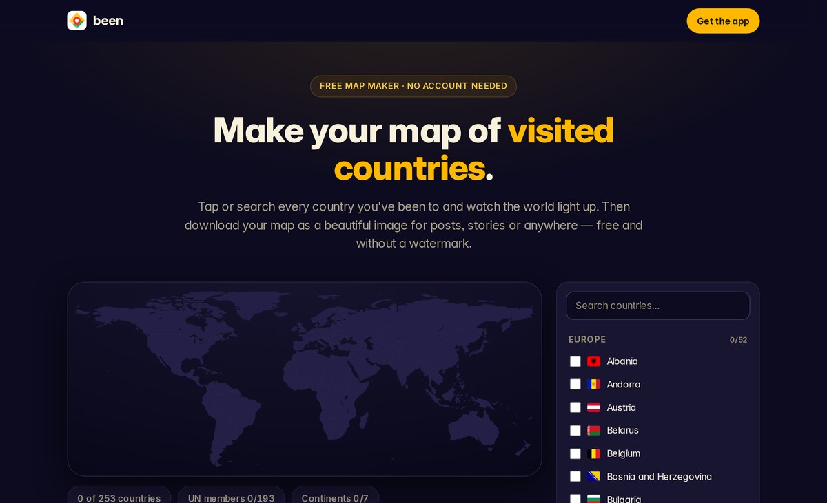 been's map maker: a flat-color country picker with a search field, showing 0 of 253 countries, UN members 0 of 193, and continents 0 of 7 on a fresh session
