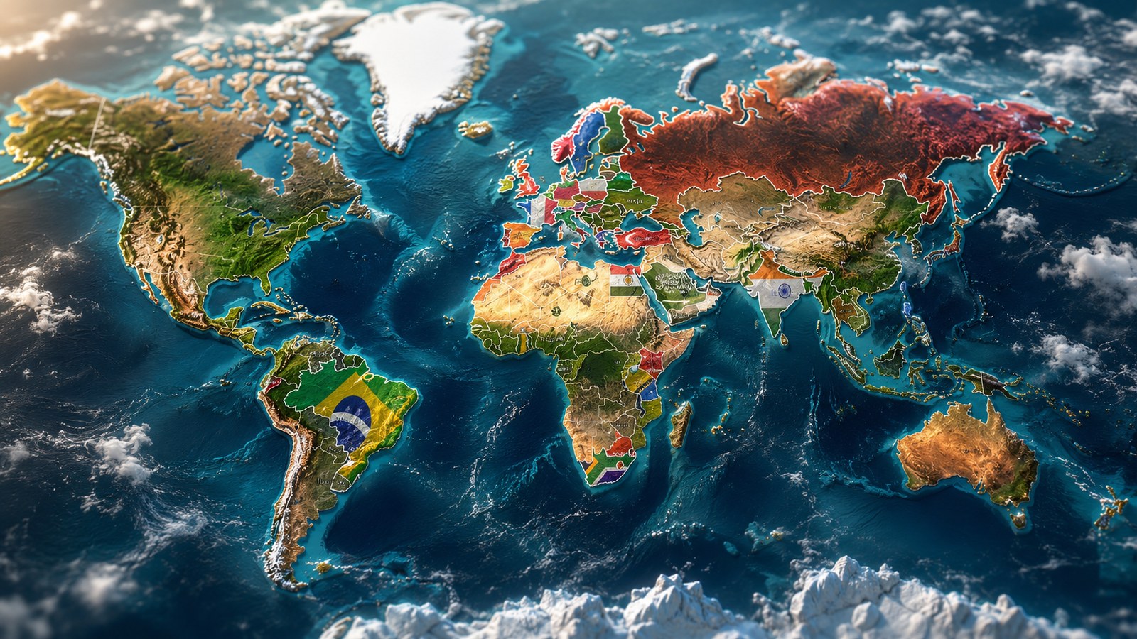 Eine illustrierte Satellitenansicht der Erde, auf der Länder wie Brasilien, Indien und Südafrika mit ihren Nationalflaggen markiert sind, als Karte bereister Länder.