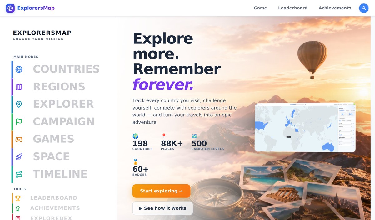 ExplorersMap's homepage: 198 countries, 88K+ places, 500 campaign levels, and 60+ badges, with Leaderboard and Achievements in the navigation