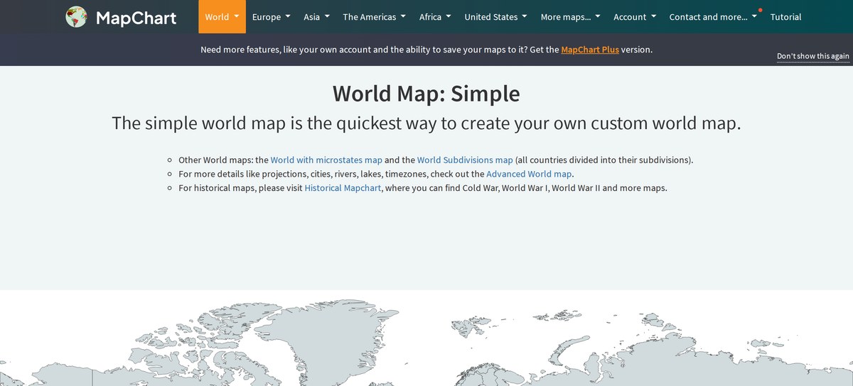 MapChart's World Map: Simple tool, showing the header navigation and a blank, uncolored world map on a fresh session with no country stats