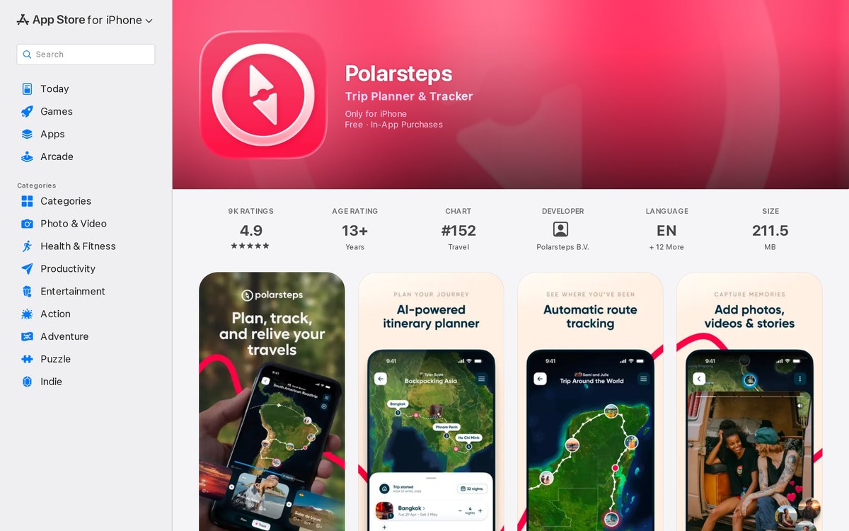 Polarsteps' App Store listing: 9K ratings at 4.9 stars, Free with In-App Purchases, next to screenshots of its AI-powered itinerary planner and automatic route tracking