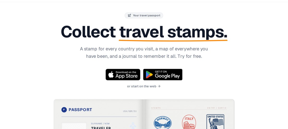 Stampie's homepage: 'Collect travel stamps' headline above a passport spread showing stamps for Norway, Italy, United States, Portugal, Australia, and Peru