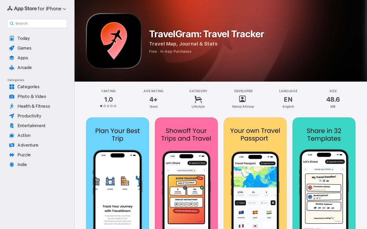 TravelGram's App Store listing: Free with In-App Purchases, 1 rating at 1.0 stars, next to its 'Plan Your Best Trip' and 'Showoff Your Trips' screenshot cards