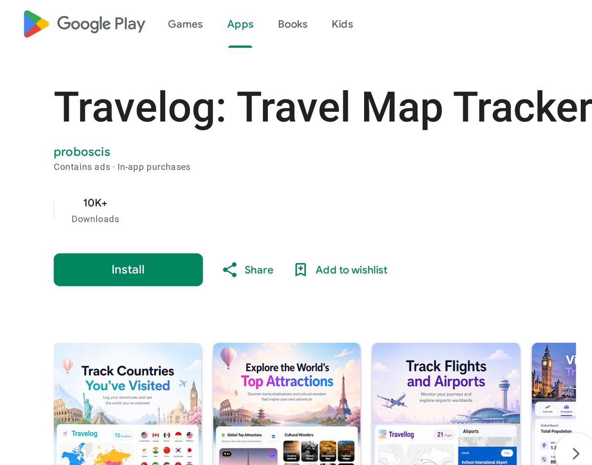 Travelog's Google Play listing: Travel Map Tracker, 10K+ downloads, contains ads and in-app purchases, with a Track Countries You've Visited screenshot