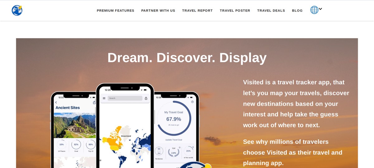 Visited app's marketing homepage showing three phone mockups: an Ancient Sites list, a country map with a search field, and a travel goal completion ring at 67.9%
