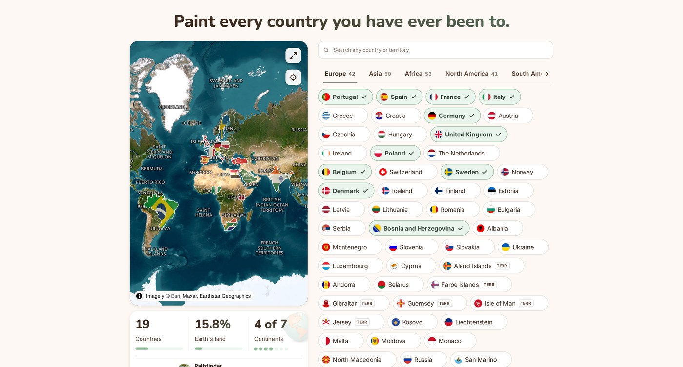 TripProf's world map tool, painted with 19 countries as satellite-imagery flags, next to the search field, continent tabs, and live stat dock
