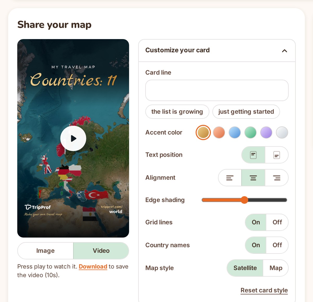 TripProf's world map share panel with Video mode selected and the card customizer expanded, showing accent colors, text position, grid lines, country names, and satellite-vs-map toggles