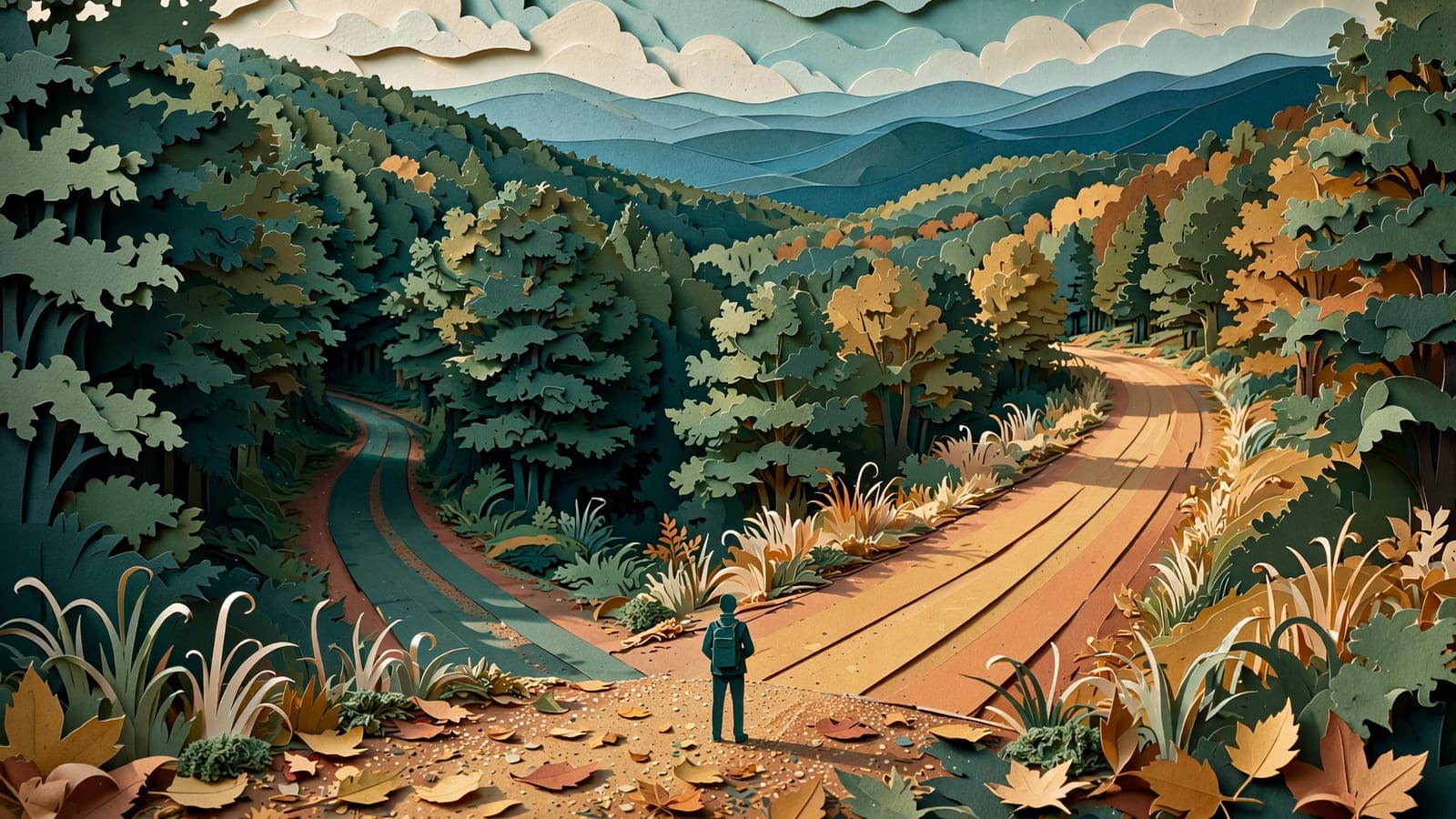 Two forest roads split toward matching ridgelines, one narrow and one wide