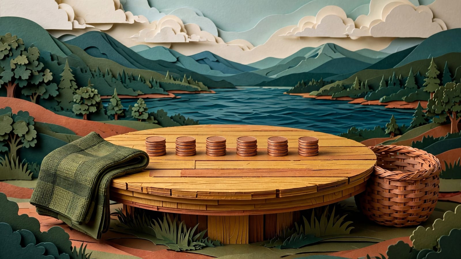 Identical small stacks of coins lined up evenly across a shared wooden table