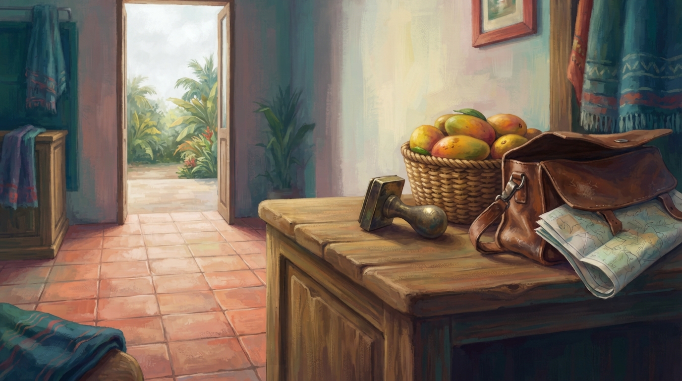 Editorial illustration of A low wooden customs counter sits empty in warm midday light, a single brass entry stamp resting on its side beside a wo