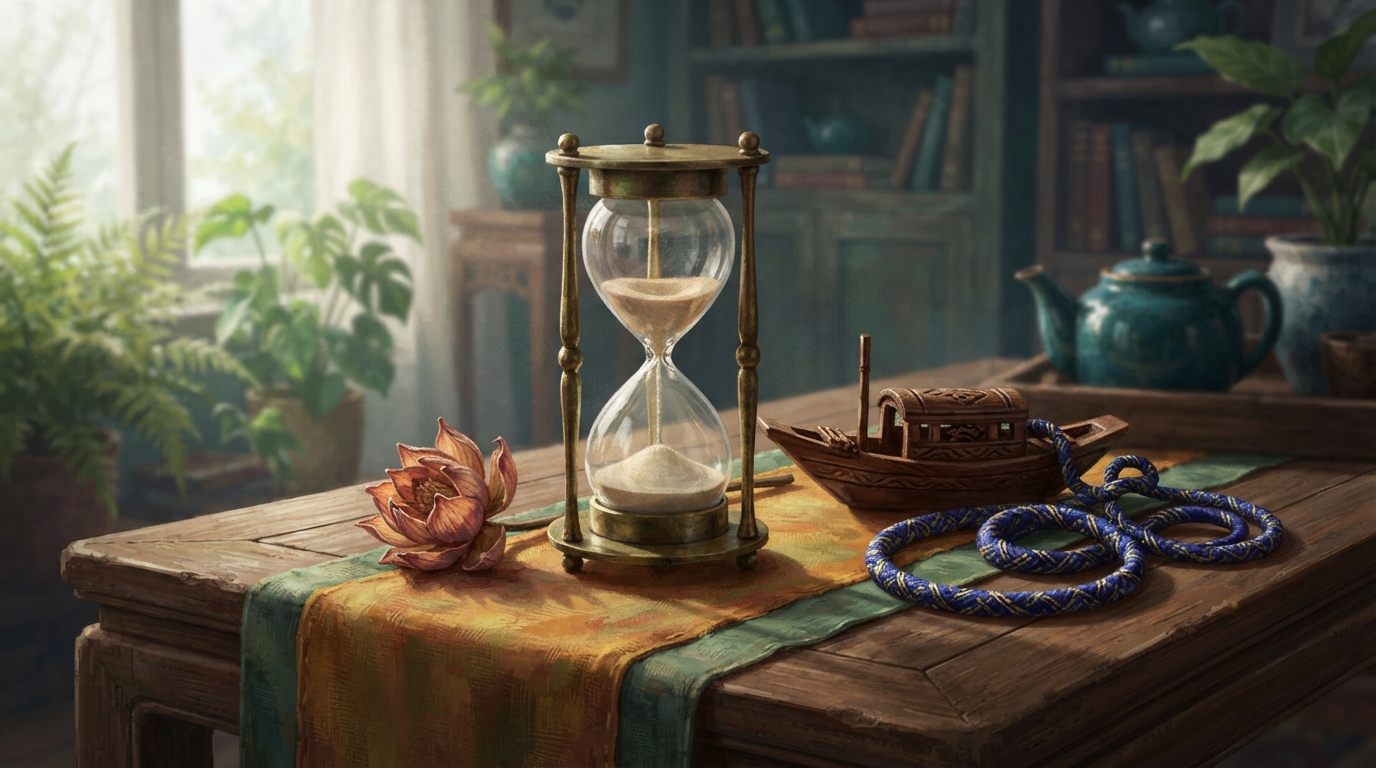 Editorial illustration of A brass hourglass sits at the center of a low table, its sand nearly drained into the bottom chamber, catching warm afte