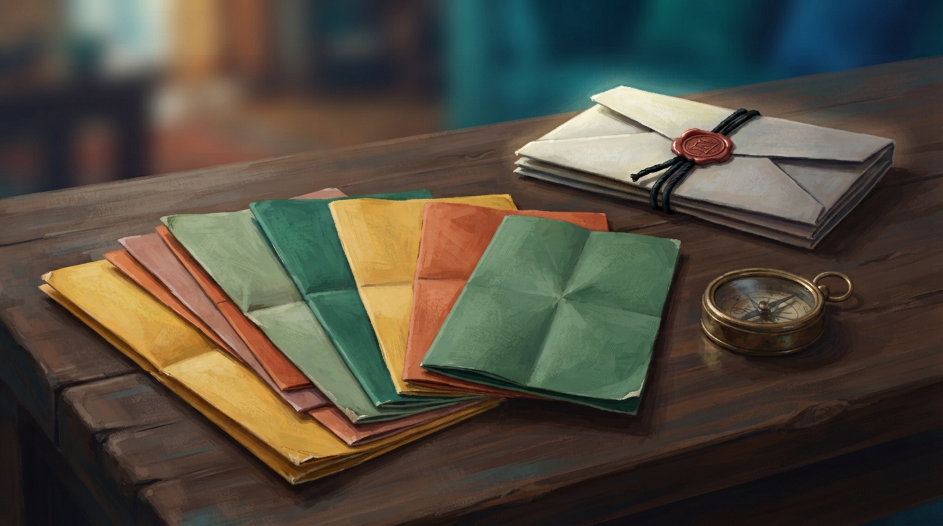 Editorial illustration of A loose fan of thin folded paper travel cards in saffron, jade, and terracotta hues spreads across a dark teak table, ea