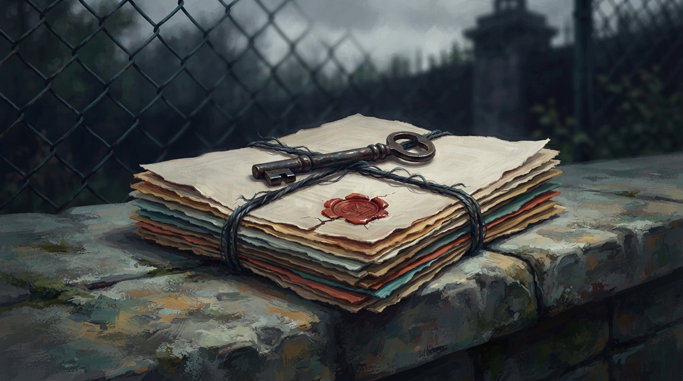 Editorial illustration of A thick stack of official papers sits bound tightly with dark waxed cord on a cold stone ledge, a heavy iron key resting