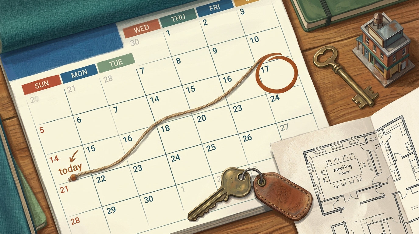 Watercolor flat-lay of a wall calendar with a far-off date ringed in copper beside a brass venue key, showing the long lead time to plan a company retreat
