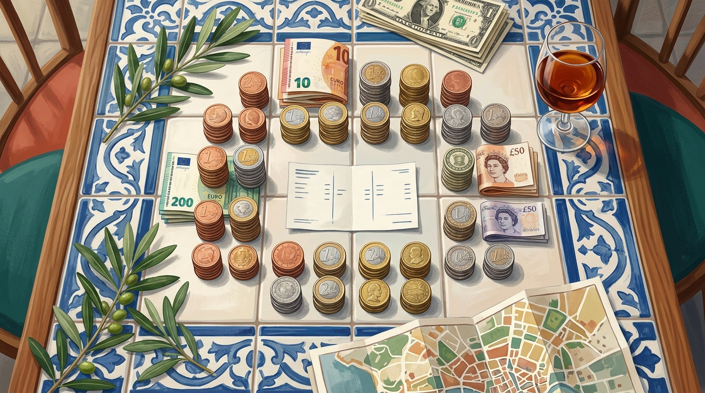 Watercolor still life of multi-currency coins in neat stacks on a sunny Porto cafe table with a shared bill split evenly, the company retreat budget set before booking