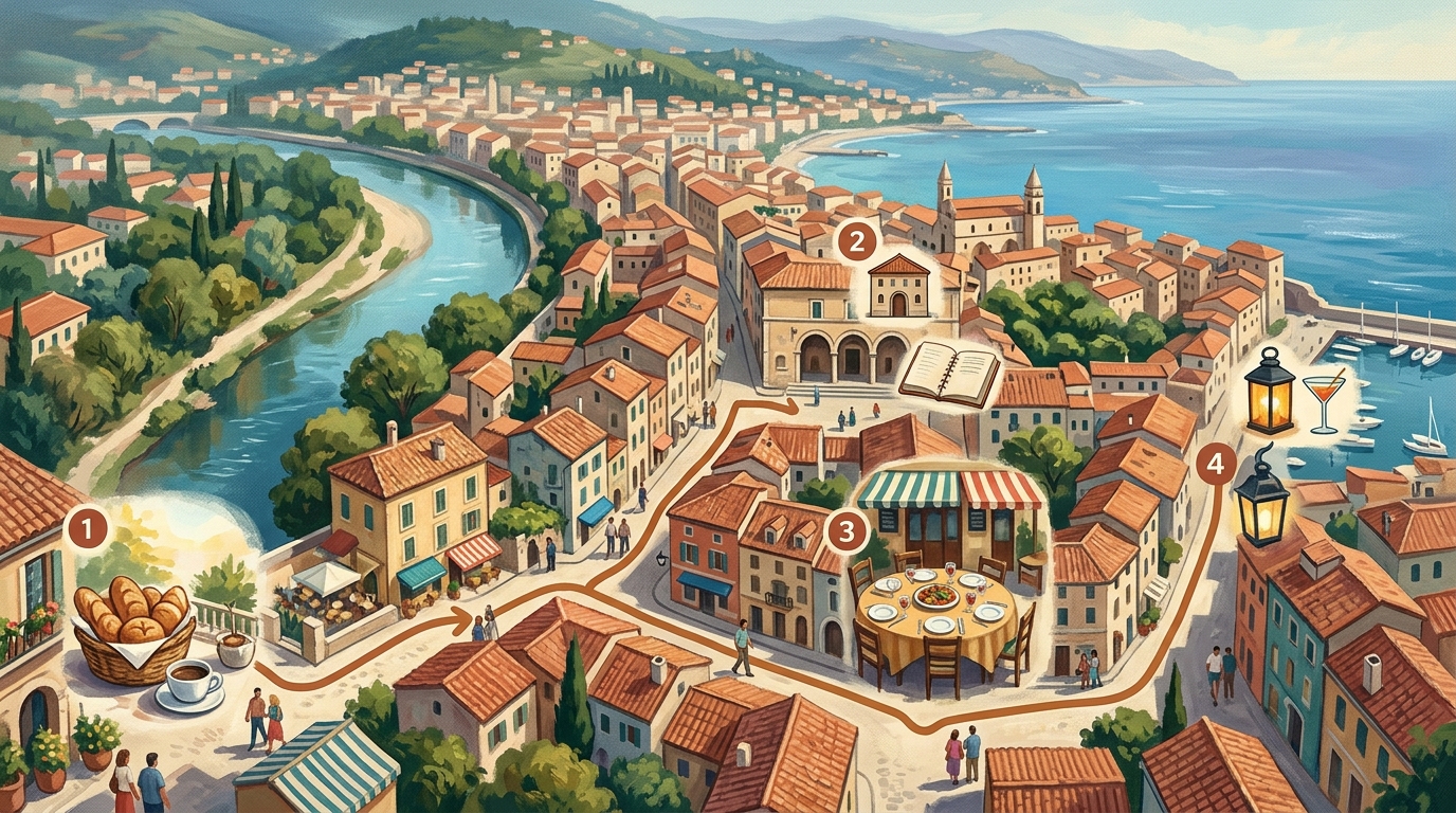 Watercolor illustrated map of one Mediterranean city day with a route line drawn between numbered stops, the map-of-the-day everyone on the retreat follows