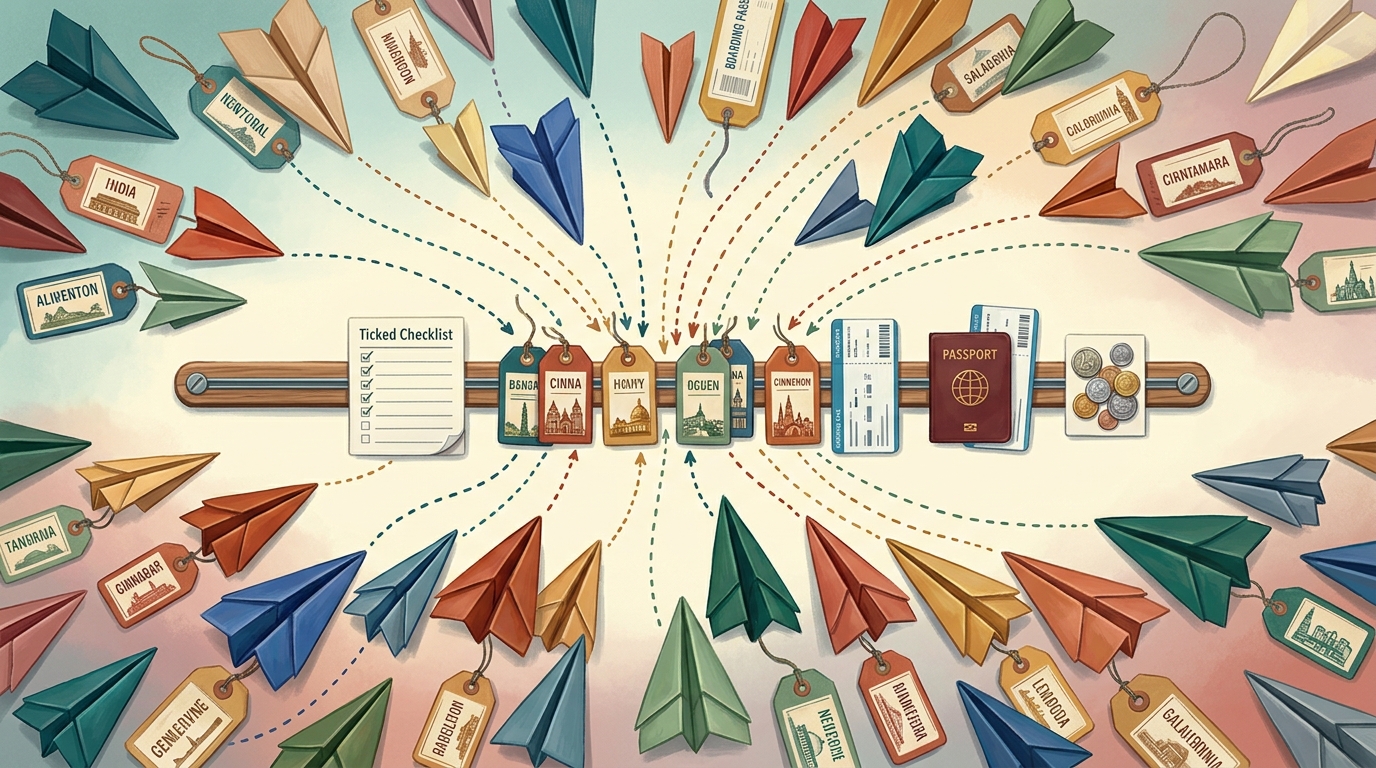 Watercolor concept of many paper planes and city luggage tags converging onto one timeline, each retreat attendee adding their own flight